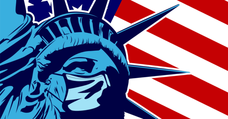 A pop art style image of the Statue of Liberty wearing a medical mask superimposed over an american flag.