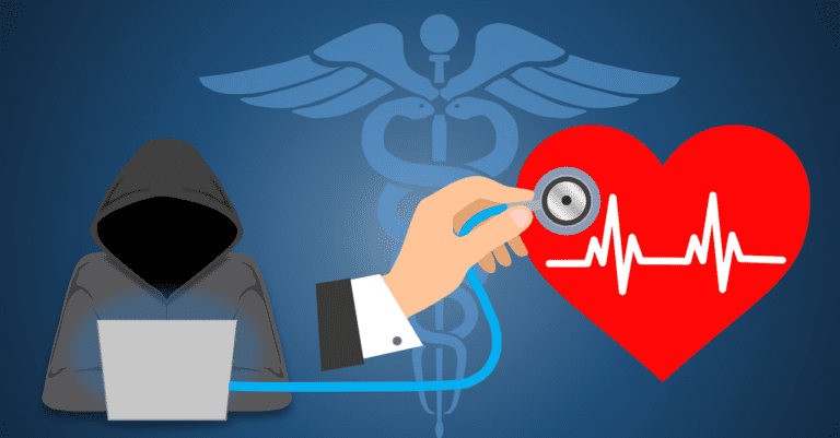 A hacker using a laptop connects a cable to a heart and heartbeat image transposed over a caduceus on a blue background.
