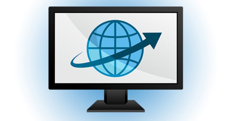 A blue globe with a dark blue arrow appears on a computer monitor.