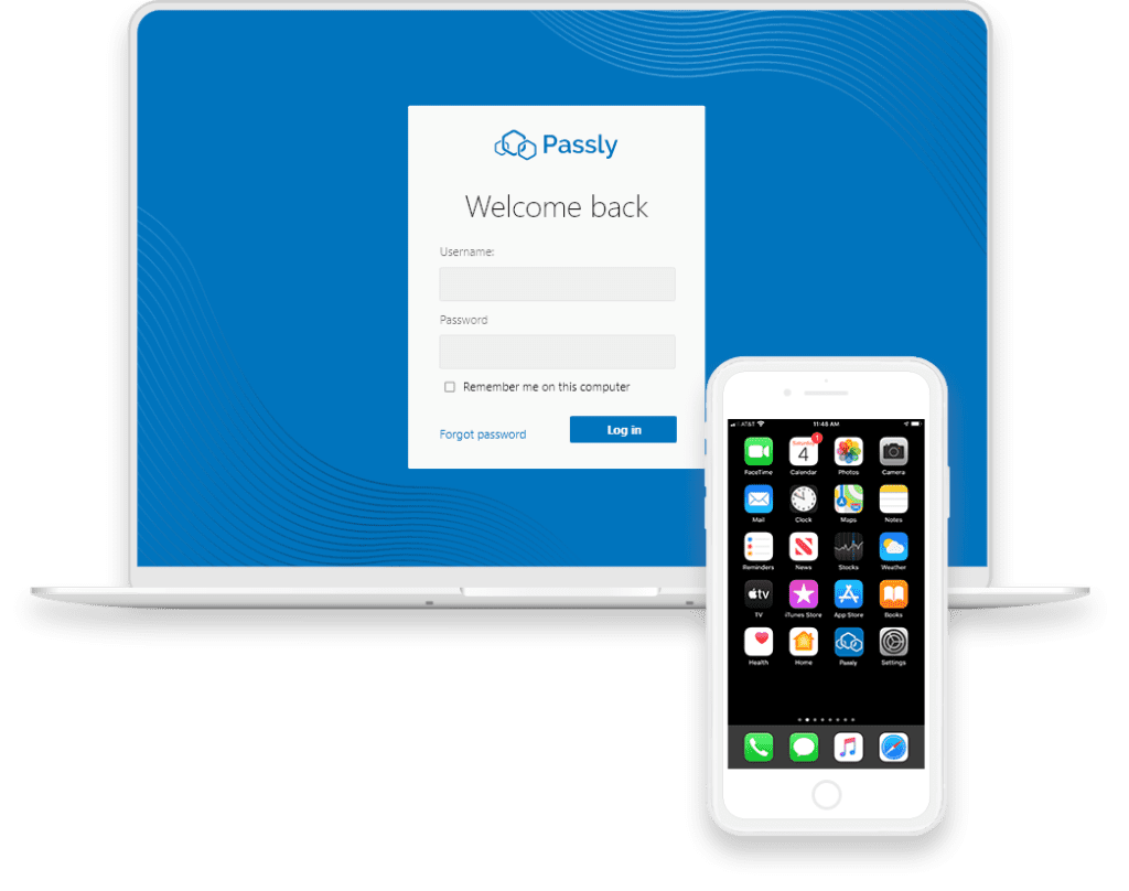 A sleek mobile phone is shown next to a white login screen on a blue background