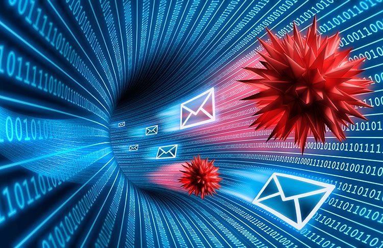 Coronavirus atoms and email icons are shown speeding through a futuristic tunnel