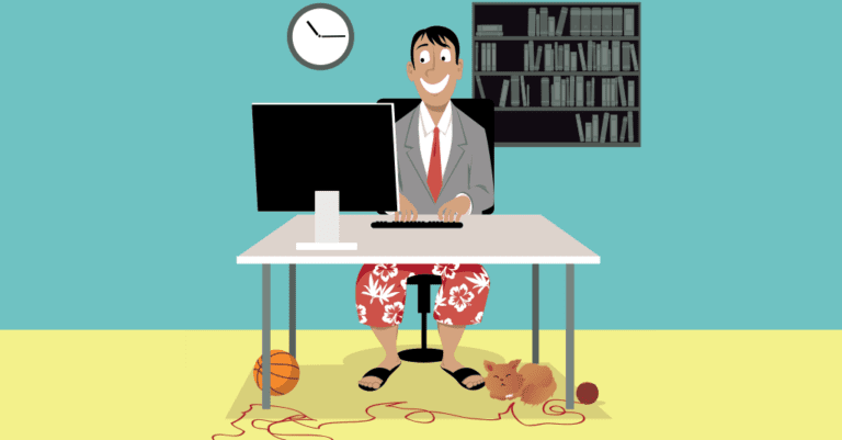 A worker sits at a sleek desk wearing a suit jacket and tie on top and flip flops and flowered shorts on the bottom with an adorable orange cat under the desk, animation-style.