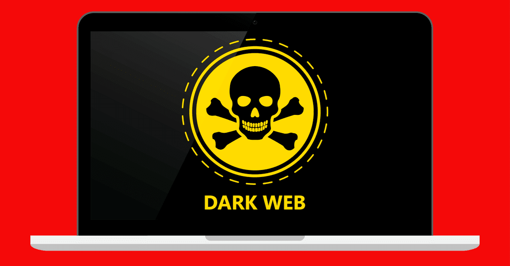 a black laptop screen with a yellow skull and crossbones and the words dark web