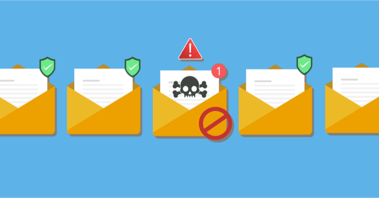 Three envelopes are shown open on a blue background, two containing white papers and one containing a paper with a skull and crossbones indicating malware