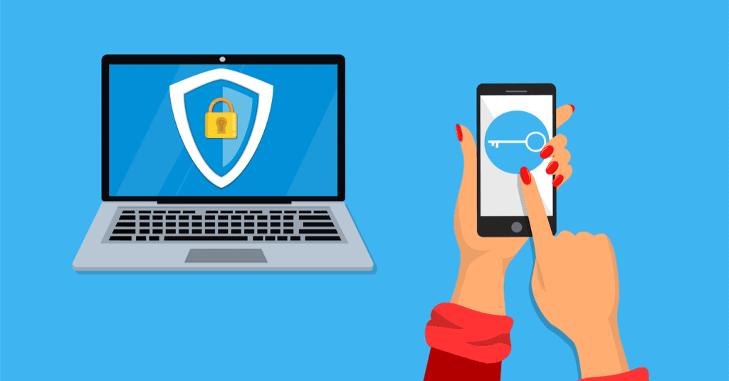 a woman's hand is seen using a password authentication app near her laptop on a blue background
