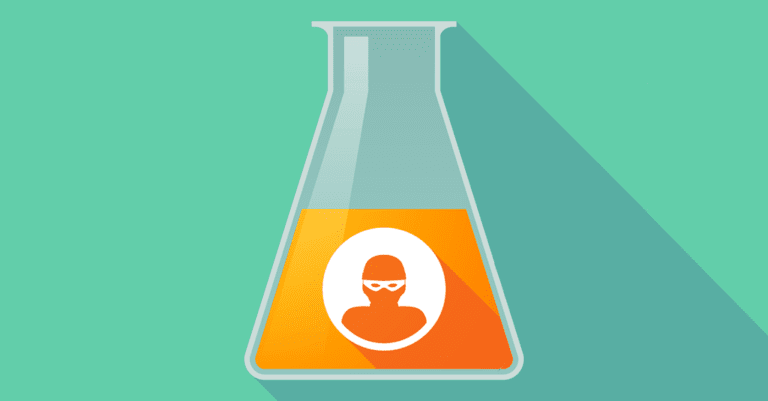 a lab flask filled with orange liquid has a burglar face in it on a blue background representing hackers trying to steal data from drugmaker Gilead