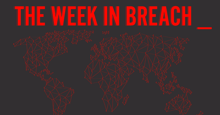 The words "the week in breach " in red over a black background also showing a red world map
