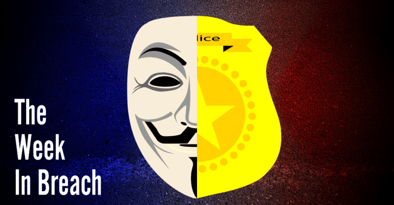 cybersecurity news as represented by a twinned image of a Guy Fawkes mask and a police shield.