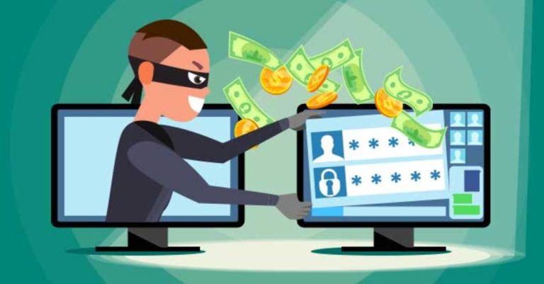 data loss prevention represented by a cartoon burglar grabbing money that's shooting out of a computer screen