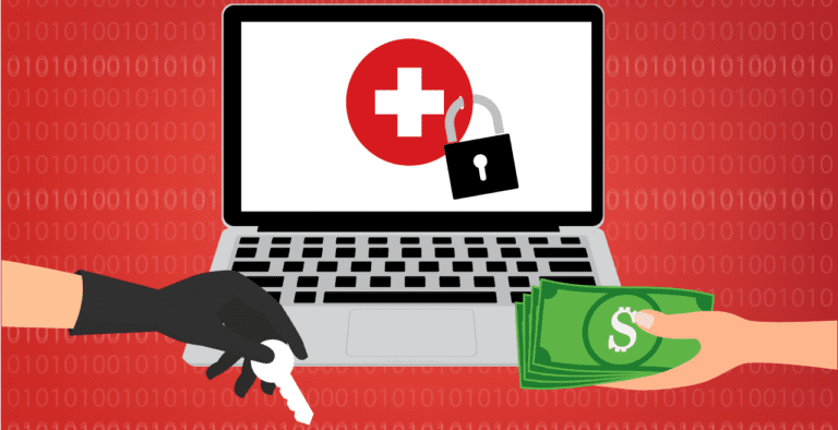 healthcare cyberattacks increase represented by a vecor image of a burglar's hand with kets reaching toward another hand with money in front og a laptop computer with a healthcare cross symbol