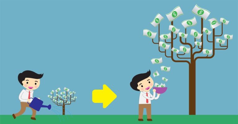 grow msp mrr illustrated by a man watering a small tree and harvesting money from a bigger tree