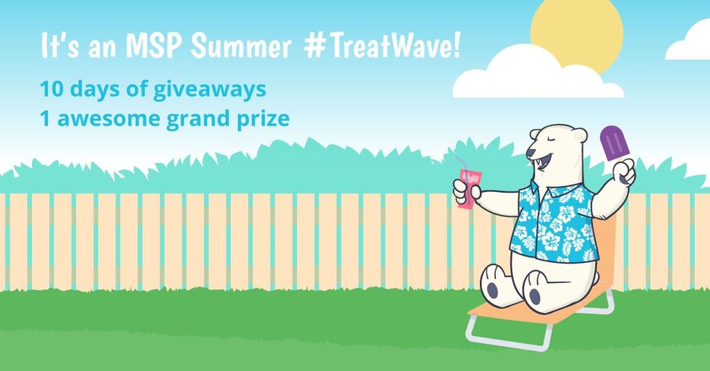 msp summer treat wave represented by a polar bear eating a popsicle in a sunny fenced yard wearing a Hawaiian shirt