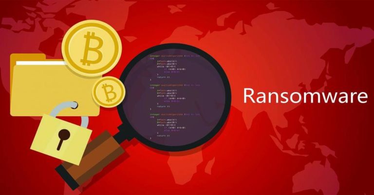 2020 election cybersecurity fears and the biggest ransomware attacks of 2020 represented by the word ransomware on a red background with bitcoins and a lock