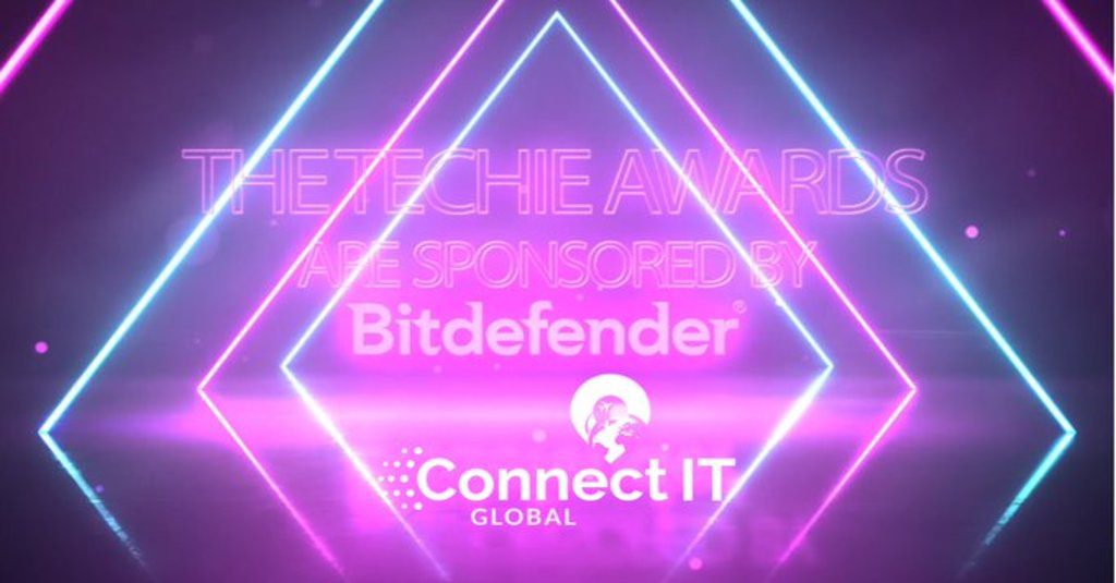 the 2020 Techie Awards, sponsored by Bitedefender at Connect IT Global in pink neon on a blue background
