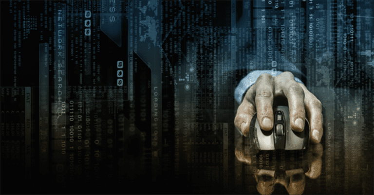 cybercrime as a service depicted as a hand on a mouse in a shadowy stream of information