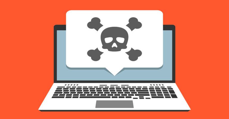 malvertising threats represented by a cartoon skull popping out of a laptop screen on an orange background.