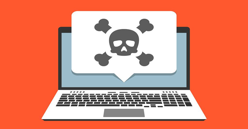 malvertising threats represented by a cartoon skull popping out of a laptop screen on an orange background.