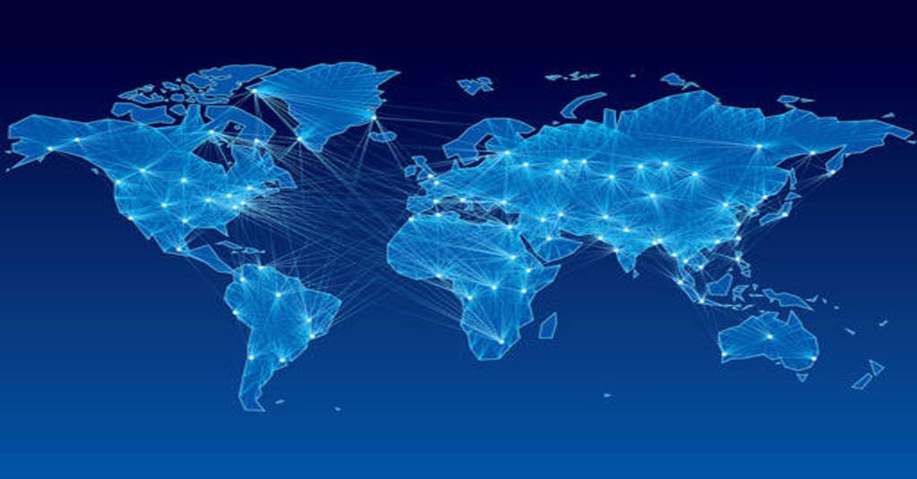 supply chain risk represented by a world map in blute digitized with pathways showing business relationships
