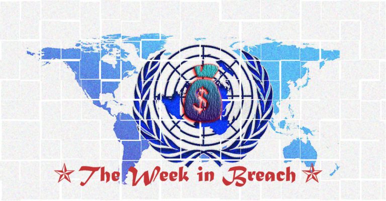 the week in breach in red under a stylized rendering of the UN IMO logo with 2 red nautical stars and a bag of money superimposed over it in the style of a treasure map.