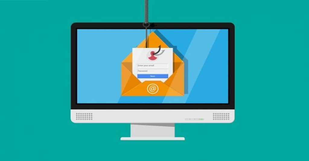 a beige envelope being snagged buy a fish hook on a computer screen on a teal backdrop to exemplify phishing defense