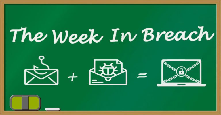 the week in breach represented by the words "the week in breack" in white on a green chalkboard with figures illustrating cyberattack threats.