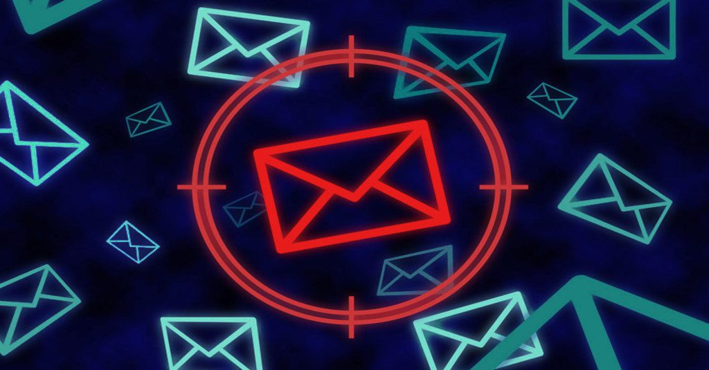 outbound email data breach risk represented by a blue background with lighter blue envelopes on it and one red envelope i a target circle