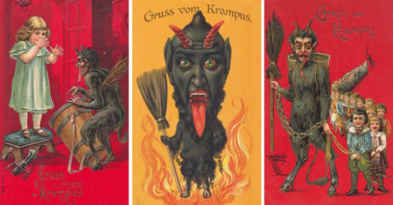 three historic images of Germanic winter legend Krampus a dark-colored satyr type figure with large surving horns, sharp teeth, and a scary devil tongue.