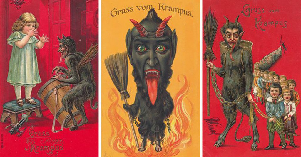 three historic images of Germanic winter legend Krampus a dark-colored satyr type figure with large surving horns, sharp teeth, and a scary devil tongue.