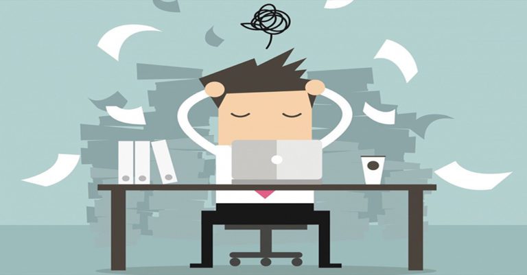 the cause of a data breach represented by amn illustration of a white male employee with his hands in his hair surrounded by flying paper in a vector cartoon style