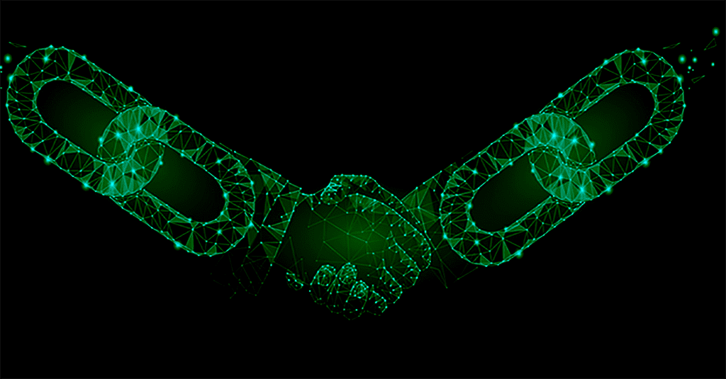 supply chain risk represented by a handshake overlaid with an image of a chain in green on a black background.