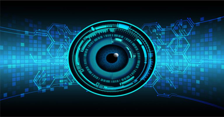 facts about cybersecurity in 2020 and looking ahead to 2021 represented by an electronic eye on a blue background with computer code.