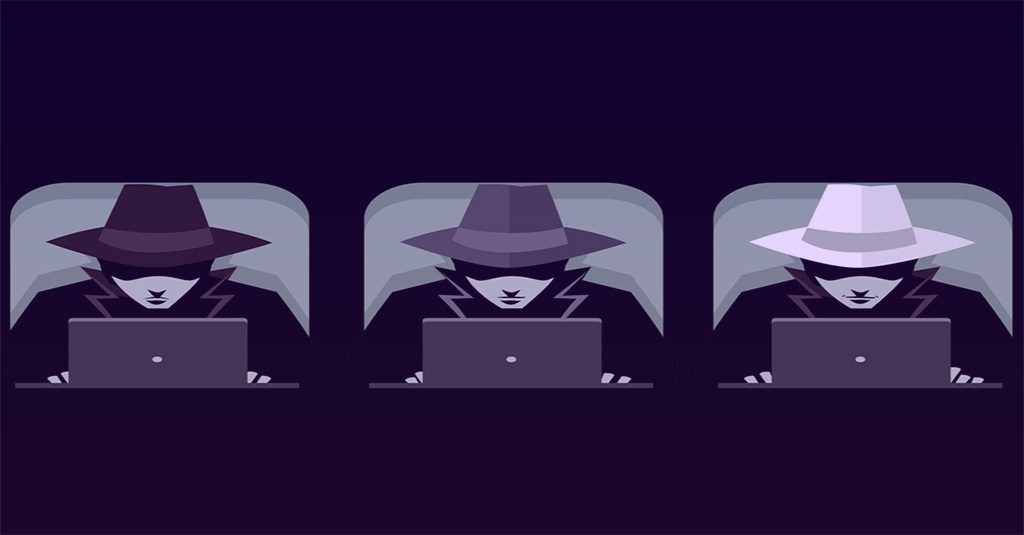records on the dark web represented by hackers with big hats and laptops in a cartoon style