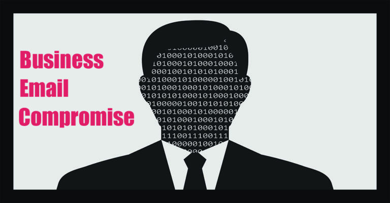 business email compromise represented by a Pop Art style black and white image of a man in a suit with binary code in place of a face