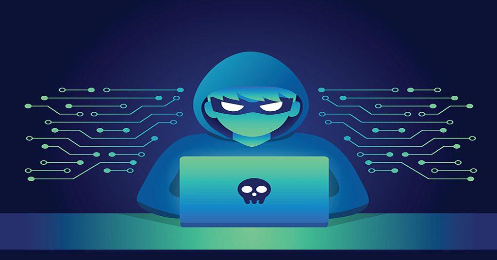 phishing email imitating famous brands dangers represented by a cartoon hacker in a hoodie at a laptop with an eye mask on done in shades of blue, Batman style.