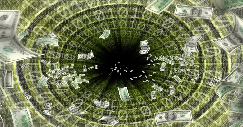 60 percent of bcompanies go out of business after a cyberattack represented by a black hole that's sucking in dollar bills and binary code