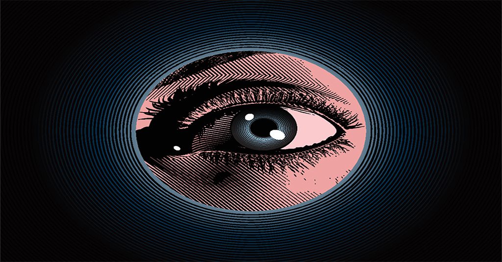 malicious insider threats represented by a crime comic style blue eye looking through a peephole.