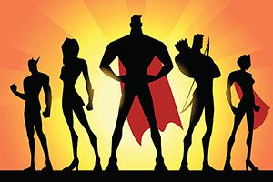 Five superheroes stand ready to solve password dilemmas like bad passwords and password reuse. Their shadows are depicted on a gold and orange background.