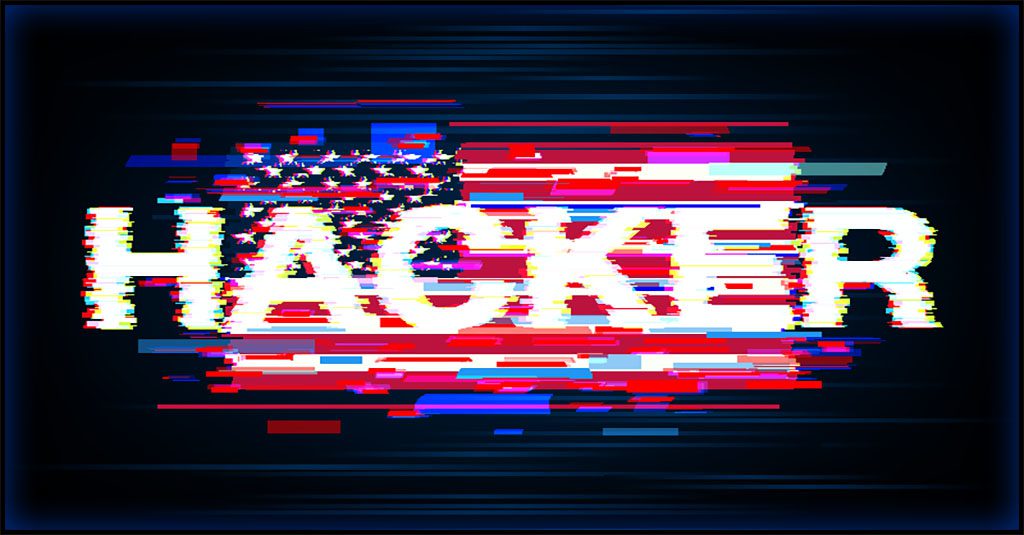the word hacker in white capital letters is superimposed over a digitized image of the US flag. Both the word and the flag have been digitally fragmented.
