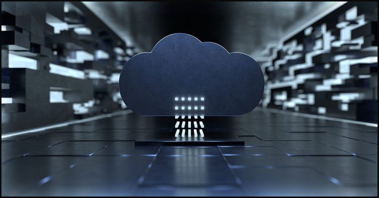 The concept of cloud data breaches is represented by a dark cloud cut fromaper shown inside a futuristic tunnel of monochrome computer chips and code