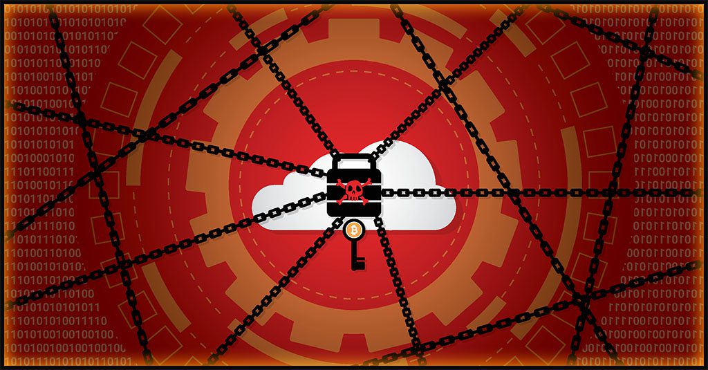 ransomware rwpresented b a cartoon of a white cloud on a red background being hed pisoner by a black chain and lock.