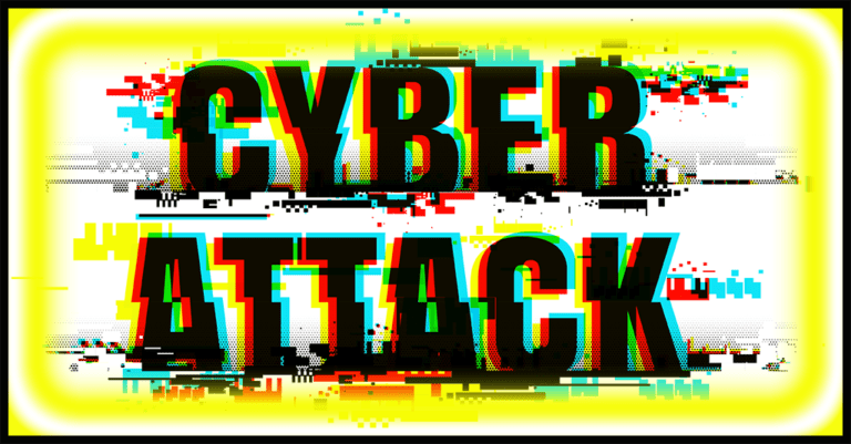 "cyber attack" written in a grafitti style with the letters slightly blurred to indicate signal interference in black on a white background framed in yellow