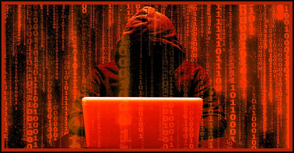 hacker in a hoodie silhouette against a backgraound of binary code timted in red
