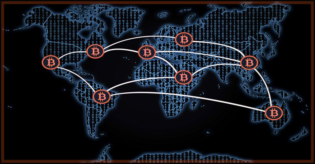 a dark blue world map with countries outlined in light blue with a red overlay of the bitcoin symbol and lines connecting countries