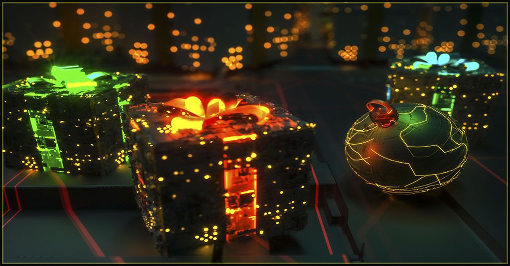 presents and a round ball ornament are displayed as digital lights lrepresenting the interior of a computer
