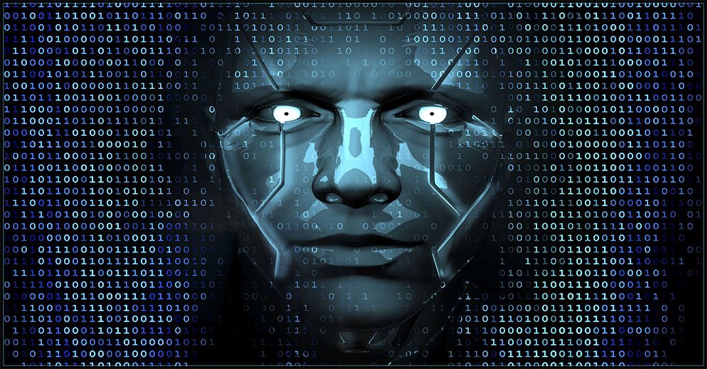 AI depicted as a digital face on a background of binary code in shades of blue