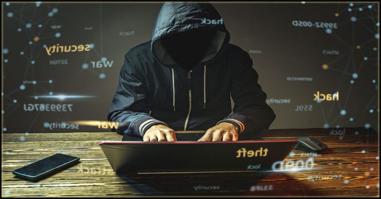 dark web threats represented by a hacker in a hoodie shrouded in shadows with faint binary code