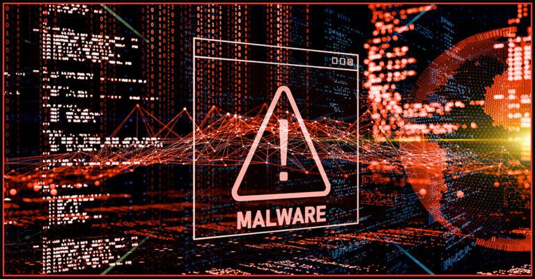 wiper malware represented by a digital sign reading malware with a caution symbol on a background of red binary code