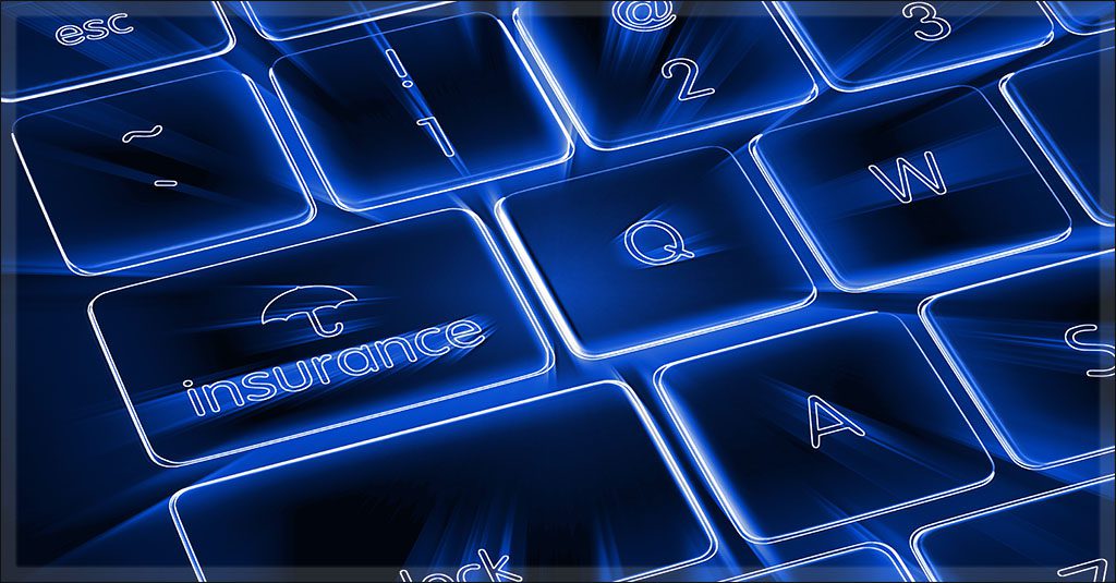 a black keyborard backlit in blue with an umbrella icon representing insurance coverage.