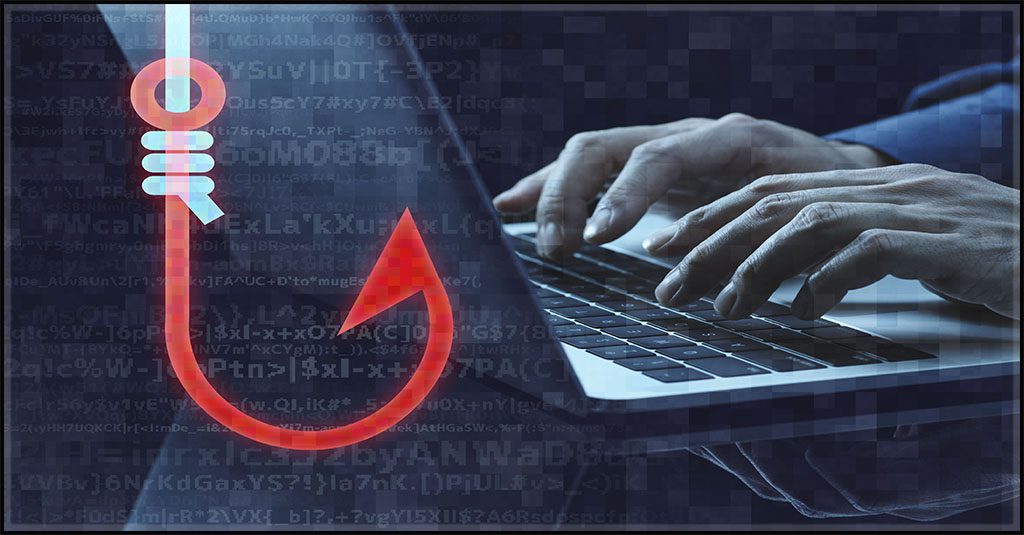 a red fish hook on dark blue semitransparent background superimposed over an image of a caucasian man's hands typing on a laptop in shades of blue gray